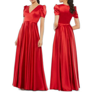Ieena Mac Duggal Puff Sleeve Satin A-Line Gown dress in red size 2